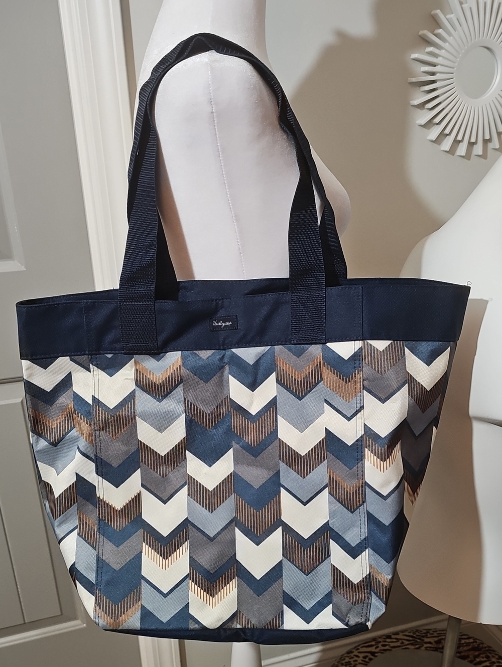 thirty-one Navy Chevron Tote with Cream and Brown Accents